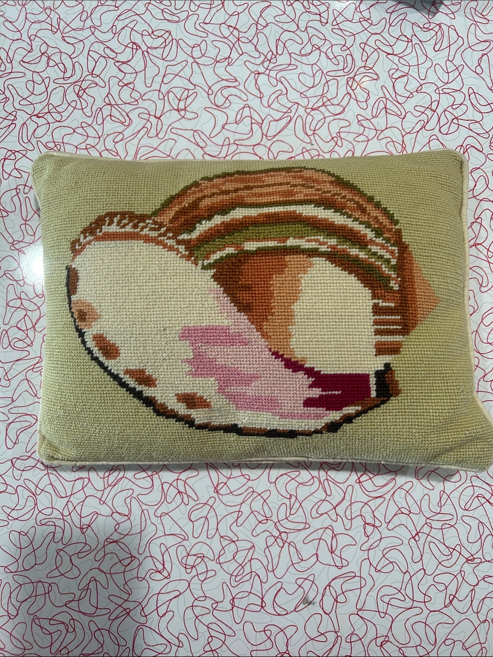 Coastal Needlepoint Seashell Throw Pillow in Beige, Pink & Brown